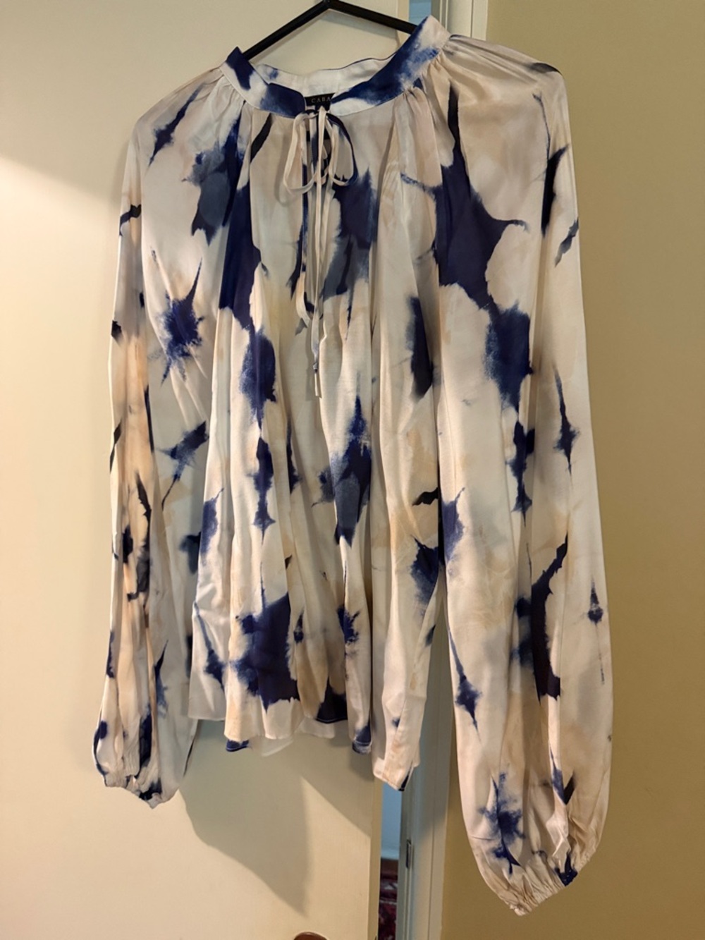 Tie-Neck Pintuck Blouse in White and Navy